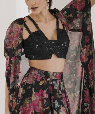 Black Floral Print Lehenga With Cape Set 2