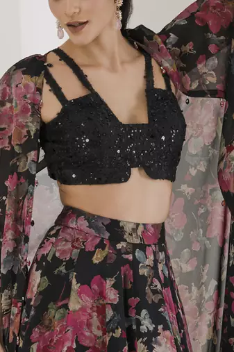 Black Floral Print Lehenga With Cape Set