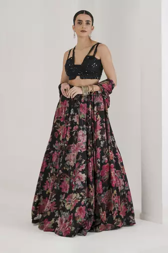Black Floral Print Lehenga With Cape Set