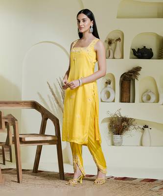 Sunshine yellow hand embroidered three piece kurta set 4
