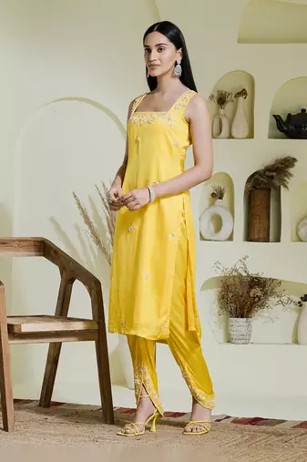 Sunshine yellow hand embroidered three piece kurta set