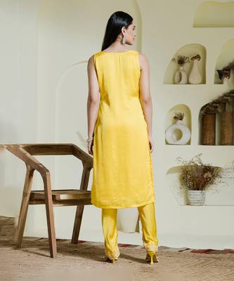 Sunshine yellow hand embroidered three piece kurta set 5