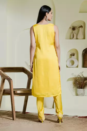 Sunshine yellow hand embroidered three piece kurta set