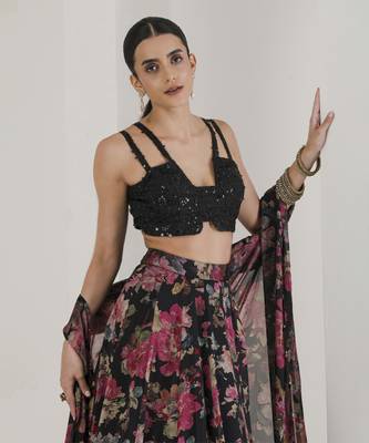 Black Floral Print Lehenga With Cape Set 4