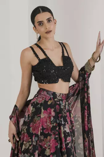 Black Floral Print Lehenga With Cape Set