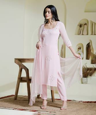 Baby pink hand embroidered three piece kurta set 1