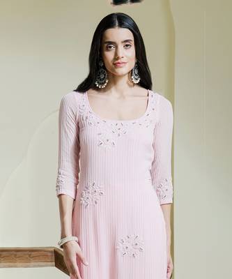 Baby pink hand embroidered three piece kurta set 2