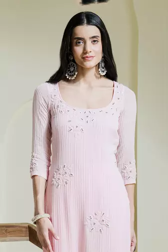 Baby pink hand embroidered three piece kurta set