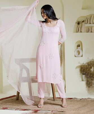 Baby pink hand embroidered three piece kurta set 3