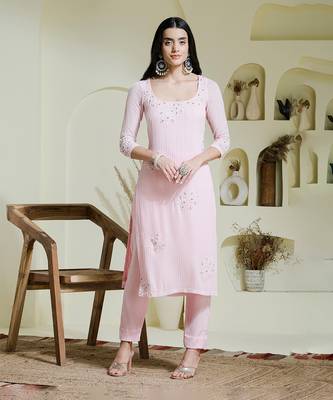 Baby pink hand embroidered three piece kurta set 4