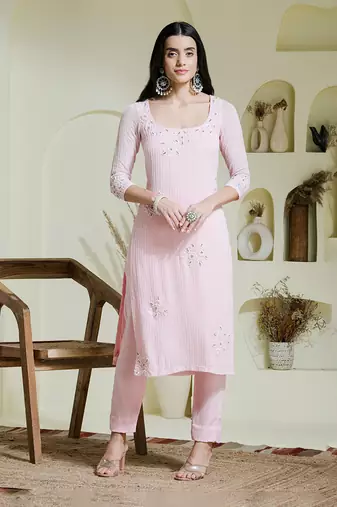 Baby pink hand embroidered three piece kurta set