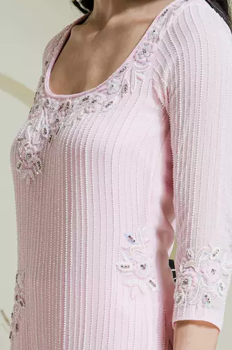 Baby pink hand embroidered three piece kurta set