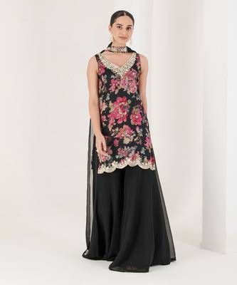 Black floral print embroidered sharara set 1