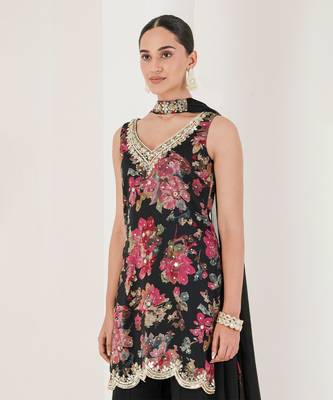 Black floral print embroidered sharara set 2