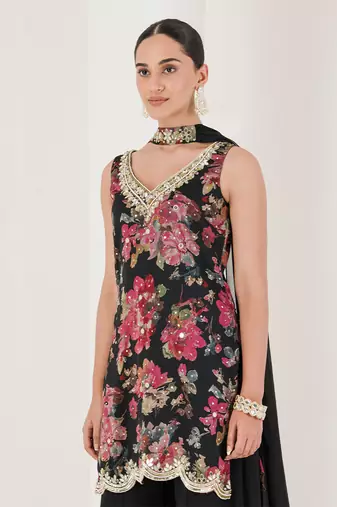 Black floral print embroidered sharara set