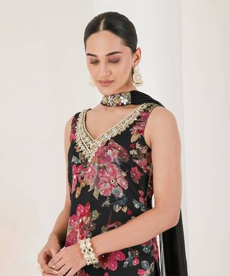 Black floral print embroidered sharara set 3
