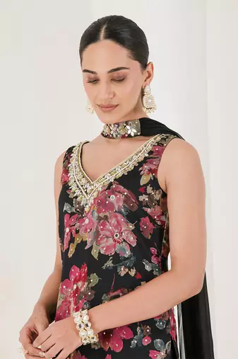 Black floral print embroidered sharara set