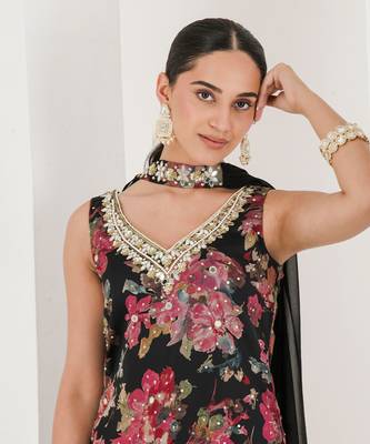 Black floral print embroidered sharara set 4