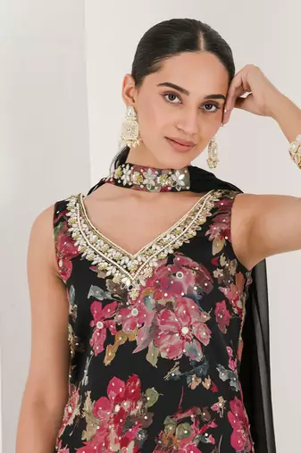 Black floral print embroidered sharara set