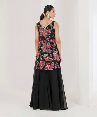 Black floral print embroidered sharara set 5
