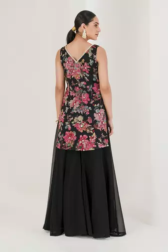Black floral print embroidered sharara set