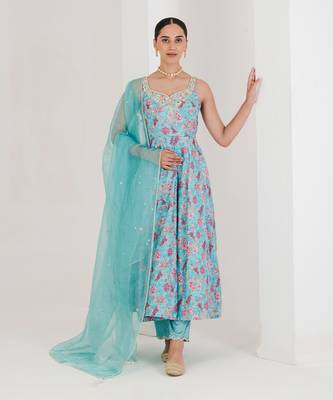 Blue print embroidered anarkali set 1