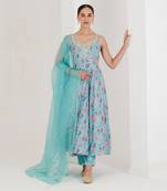 Blue print embroidered anarkali set