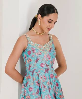Blue print embroidered anarkali set 2