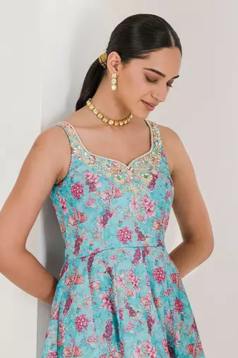Blue print embroidered anarkali set