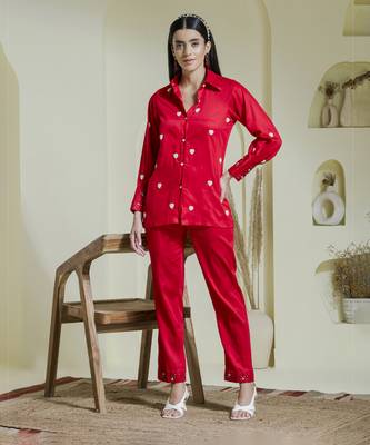 Crimson red heart embroidered co-ord set 1