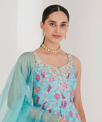 Blue print embroidered anarkali set 3