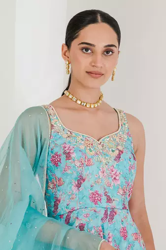 Blue print embroidered anarkali set