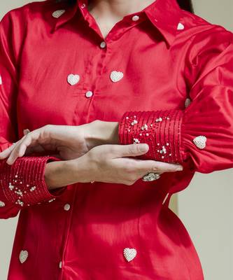 Crimson red heart embroidered co-ord set 2