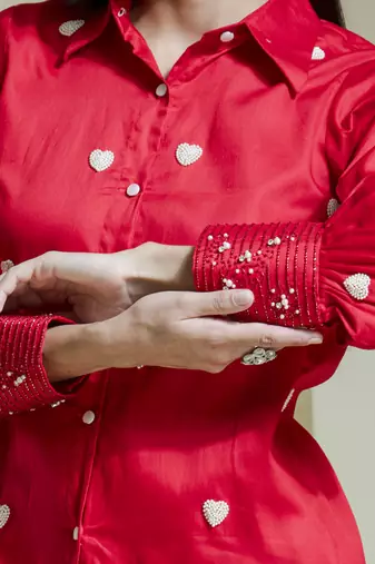 Crimson red heart embroidered co-ord set