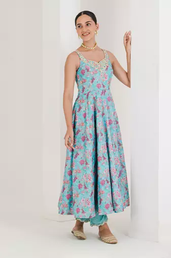 Blue print embroidered anarkali set