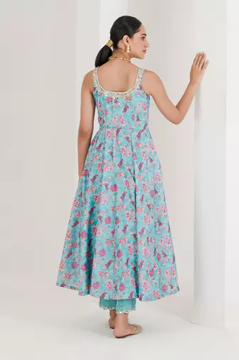 Blue print embroidered anarkali set