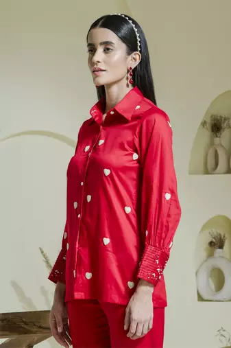 Crimson red heart embroidered co-ord set