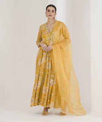 Yellow print hand embroidered anarkali set 1