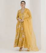 Yellow print hand embroidered anarkali set
