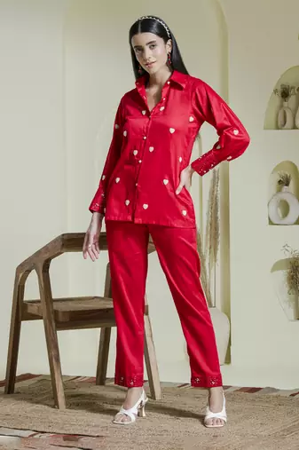 Crimson red heart embroidered co-ord set