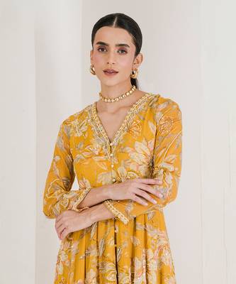 Yellow print hand embroidered anarkali set 2
