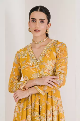 Yellow print hand embroidered anarkali set