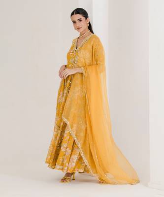 Yellow print hand embroidered anarkali set 3