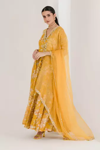 Yellow print hand embroidered anarkali set