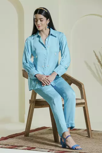 Sky blue heart embroidered co-ord set