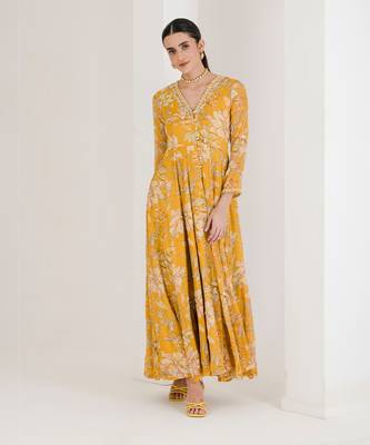Yellow print hand embroidered anarkali set 4