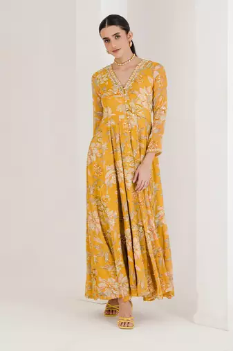 Yellow print hand embroidered anarkali set