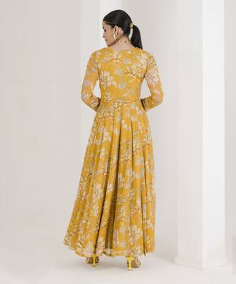 Yellow print hand embroidered anarkali set 5