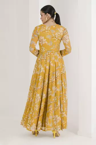 Yellow print hand embroidered anarkali set