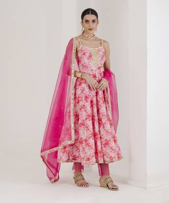 Pink print hand embroidered anarkali set 1